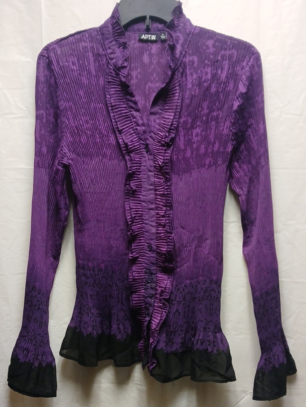 Apt. 9 Purple Ruffled Front Button-Down Sheer Blouse with Black Hem